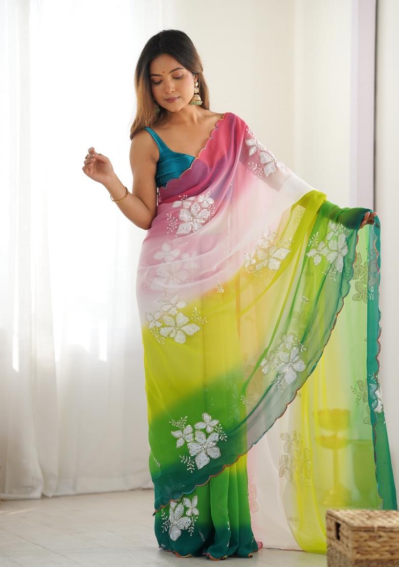 Blue Sequin Work Satin Saree Set - Indya