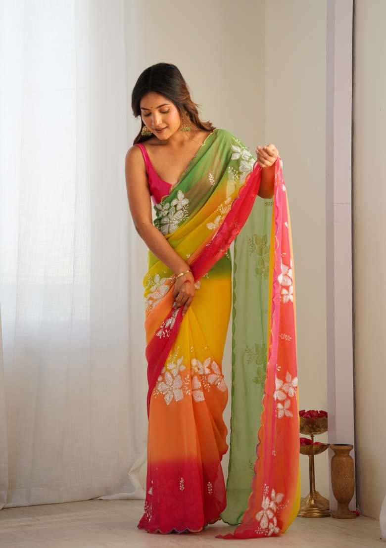 Rani Pink Sequin Work Satin Saree Set for Diwali and Festive Wear - Indya