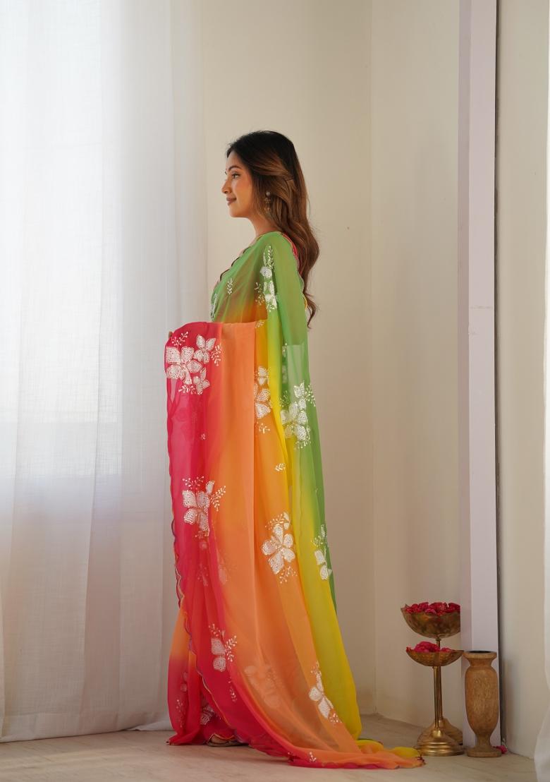 Rani Pink Sequin Work Satin Saree Set - Indya