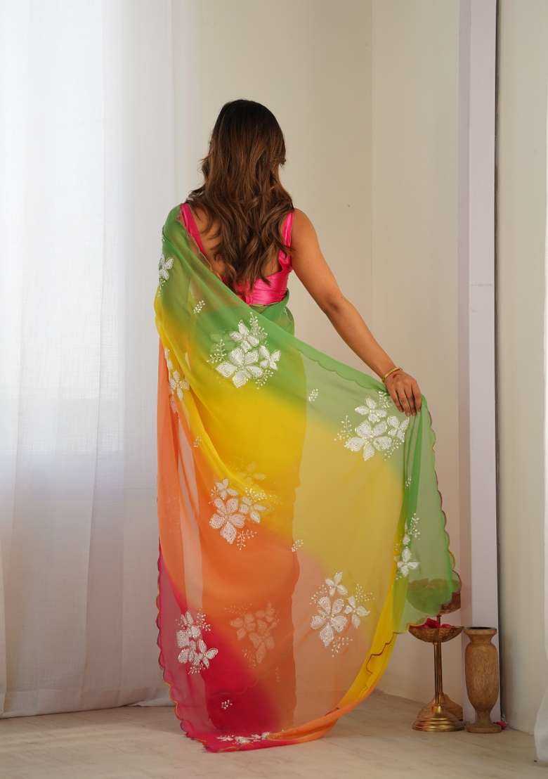 Rani Pink Sequin Work Satin Saree Set for Diwali and Festive Wear - Indya