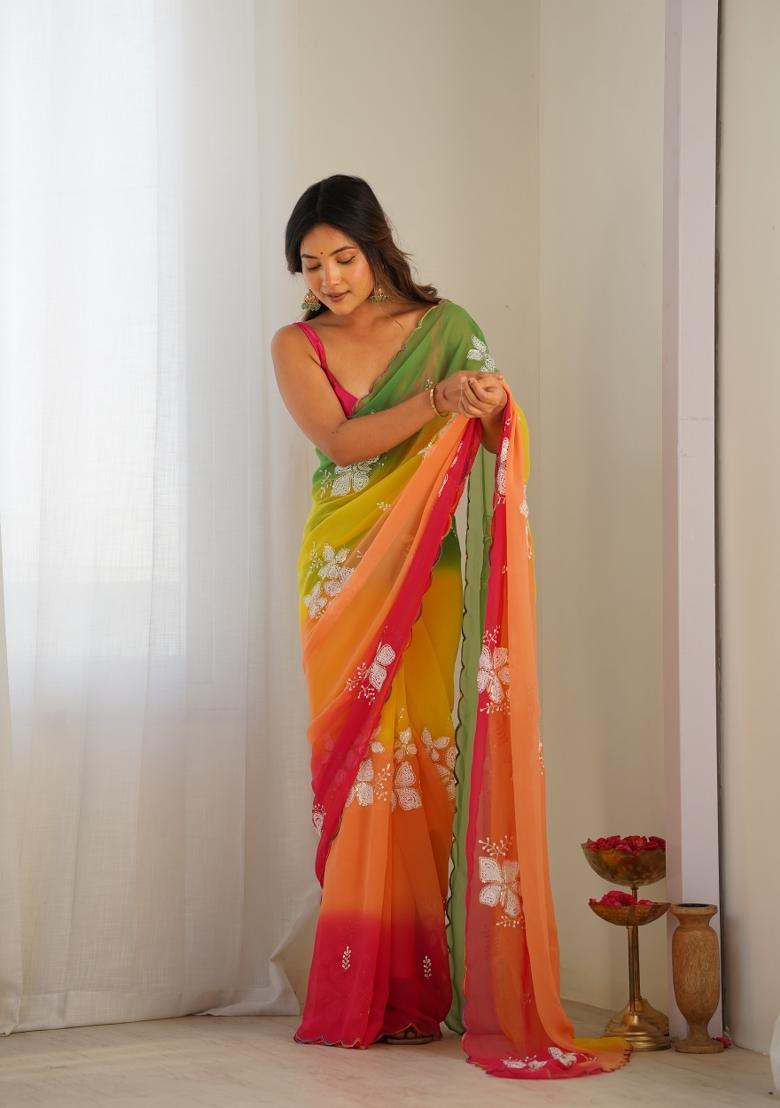 Rani Pink Sequin Work Satin Saree Set - Indya