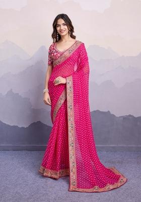 Pink Embroidered Silk Saree Set