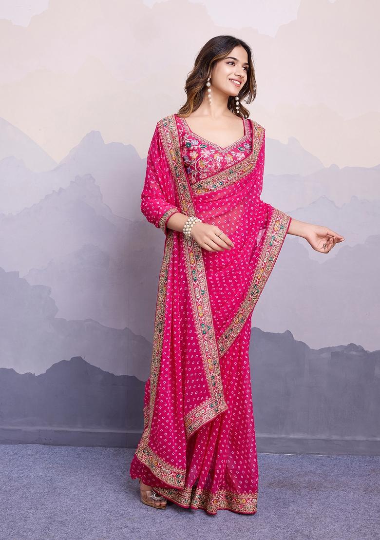 Pink Embroidered Silk Saree Set - Indya