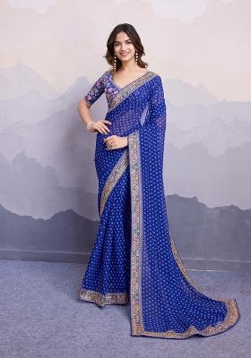 Blue Embroidered Silk Saree Set