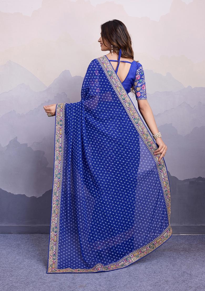 Blue Embroidered Silk Saree Set - Indya