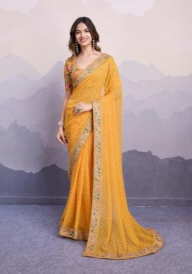 Yellow Embroidered Silk Saree Set