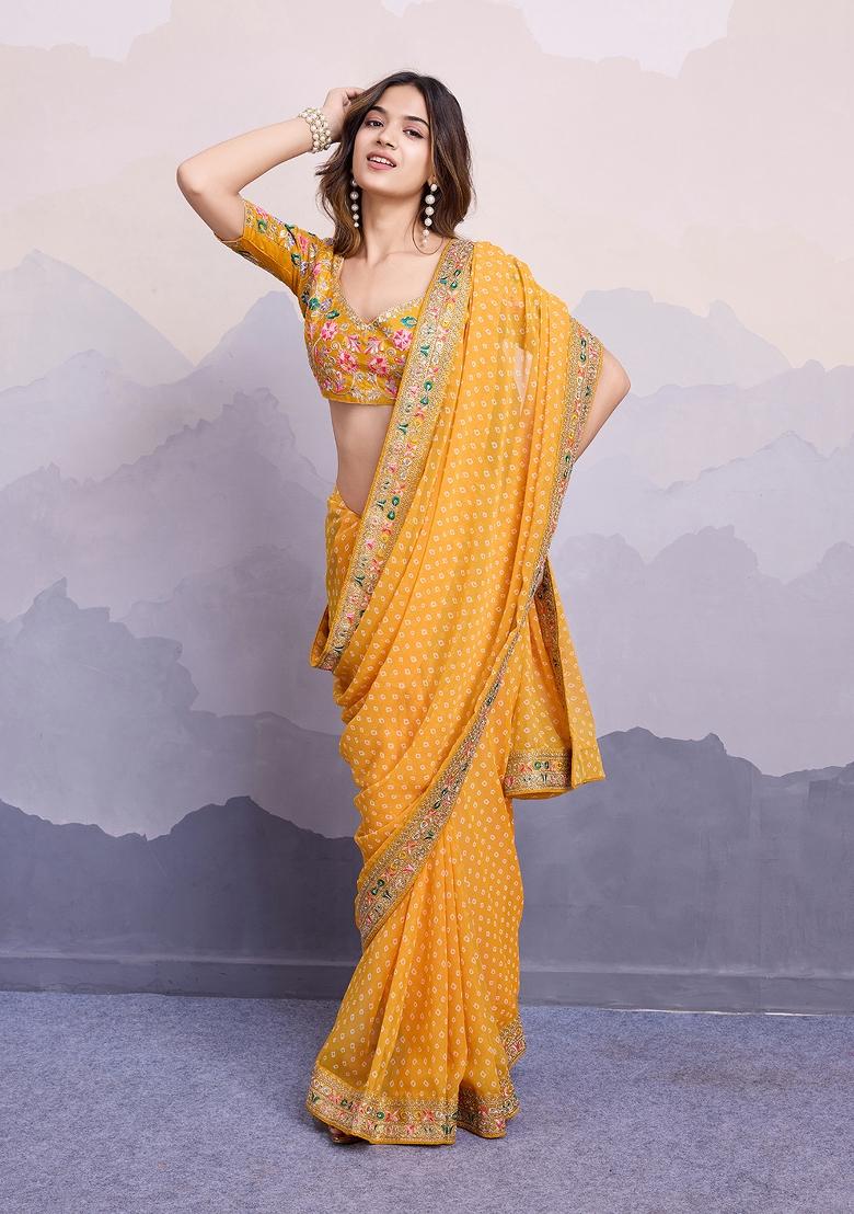 Yellow Embroidered Silk Saree Set - Indya