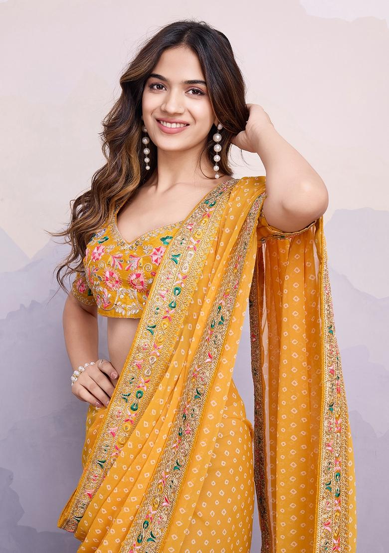 Yellow Embroidered Silk Saree Set - Indya