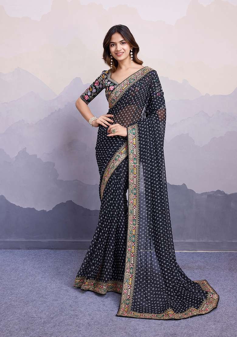 Black Silk Saree Set with Embroidered for Diwali | Wedding & Festive Wear - Indya