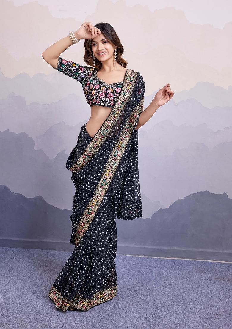 Black Embroidered Silk Saree Set - Indya