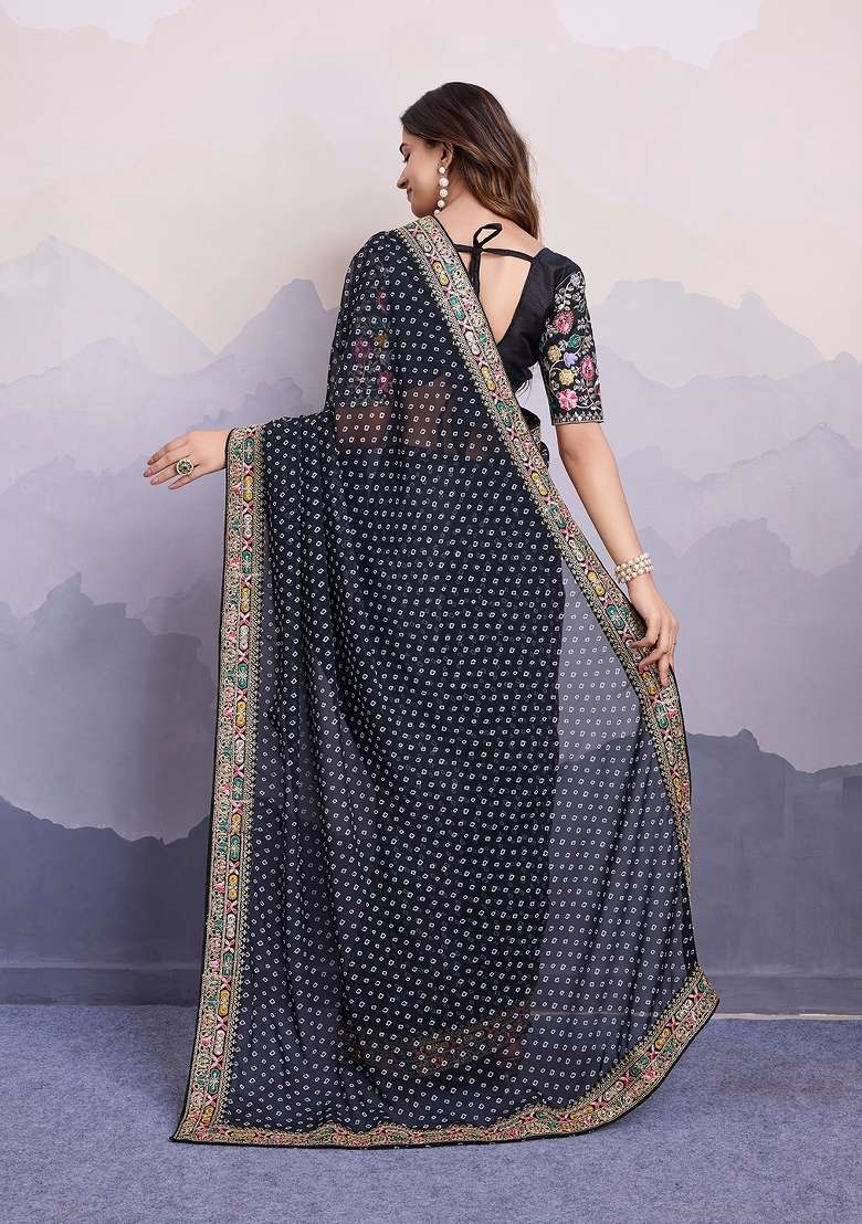 Black Silk Saree Set with Embroidered for Diwali | Wedding & Festive Wear - Indya