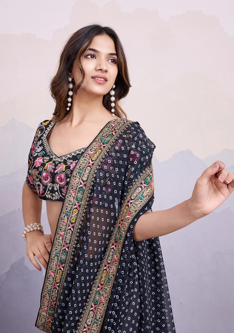 Black Embroidered Silk Saree Set - Indya