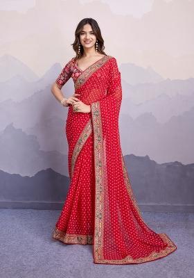 Red Embroidered Silk Saree Set