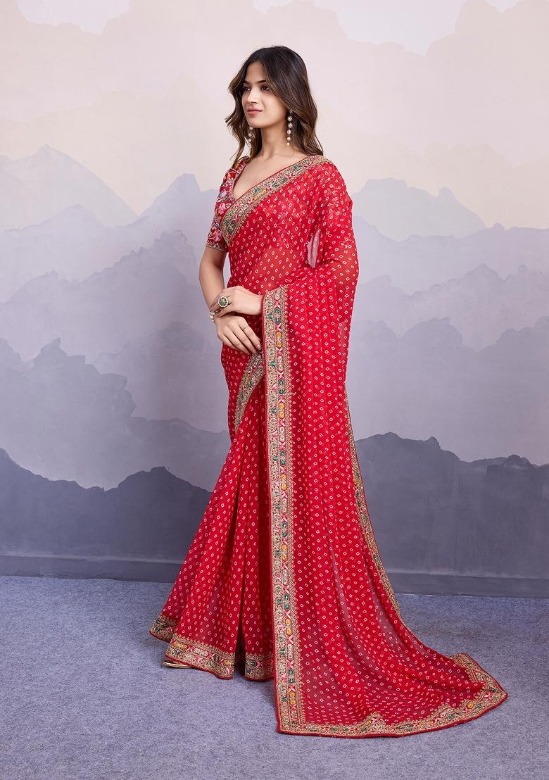 Red Embroidered Silk Saree Set - Indya