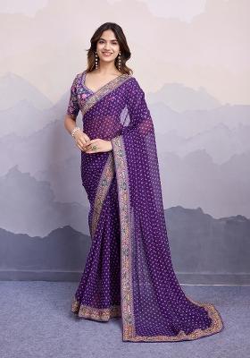 Purple Embroidered Silk Saree Set