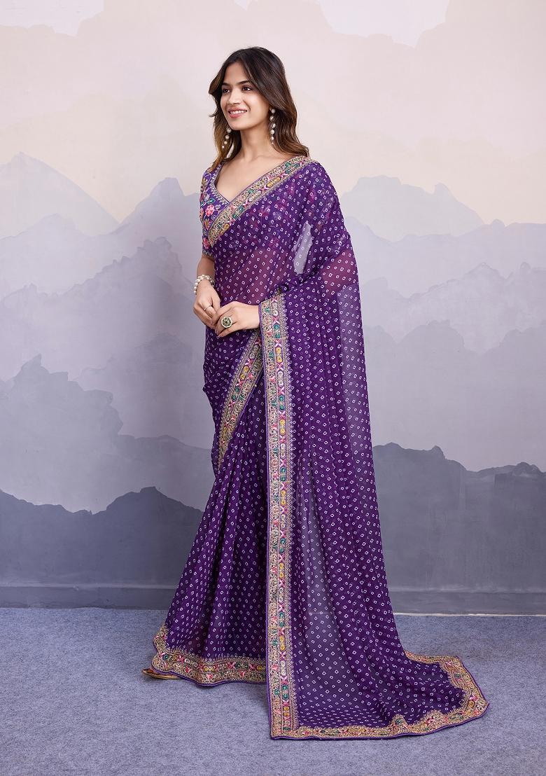 Purple Embroidered Silk Saree Set - Indya