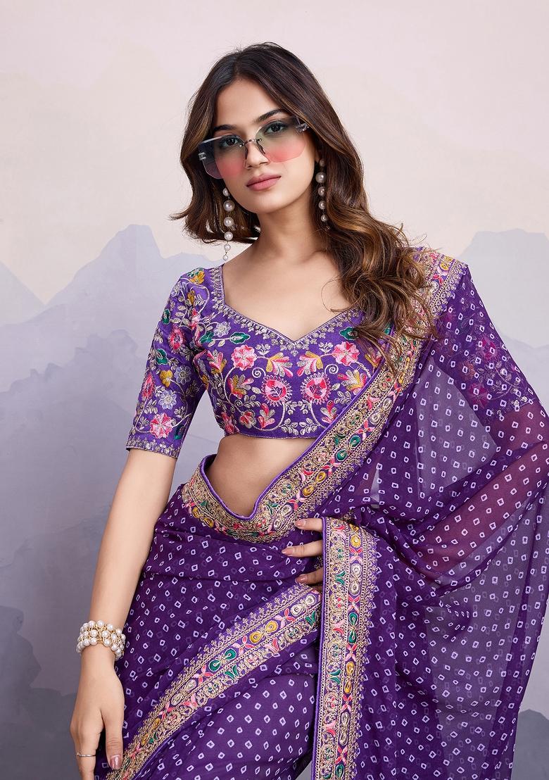 Purple Embroidered Silk Saree Set - Indya