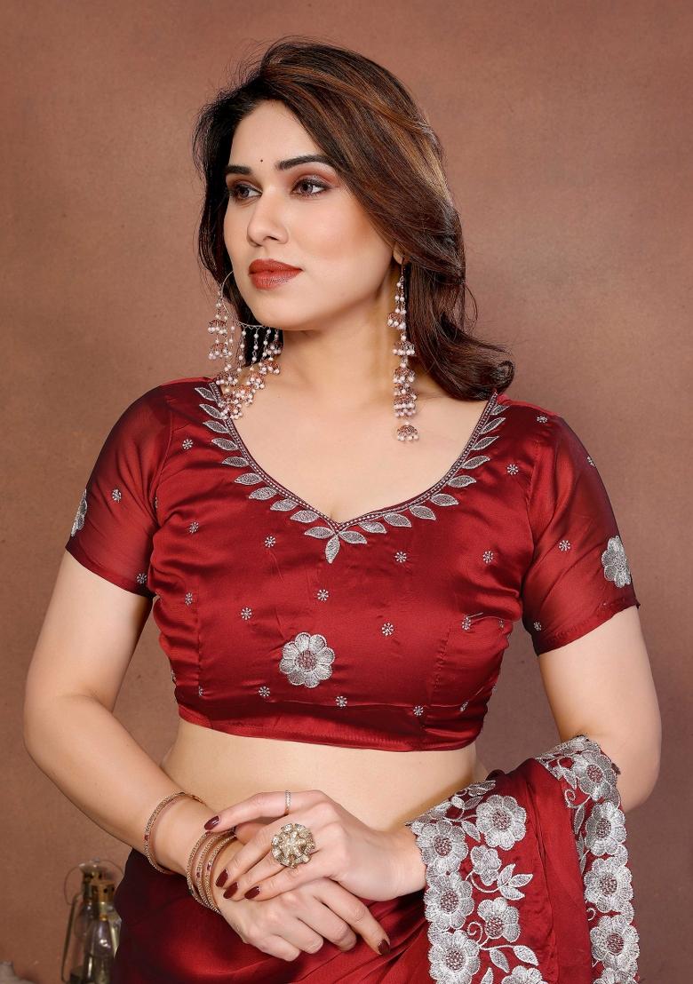 Red Embroidered Silk Saree Set - Indya