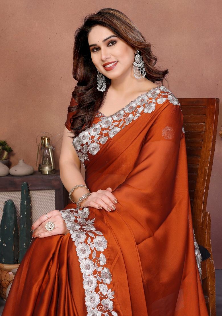 Orange Embroidered Silk Saree Set - Indya