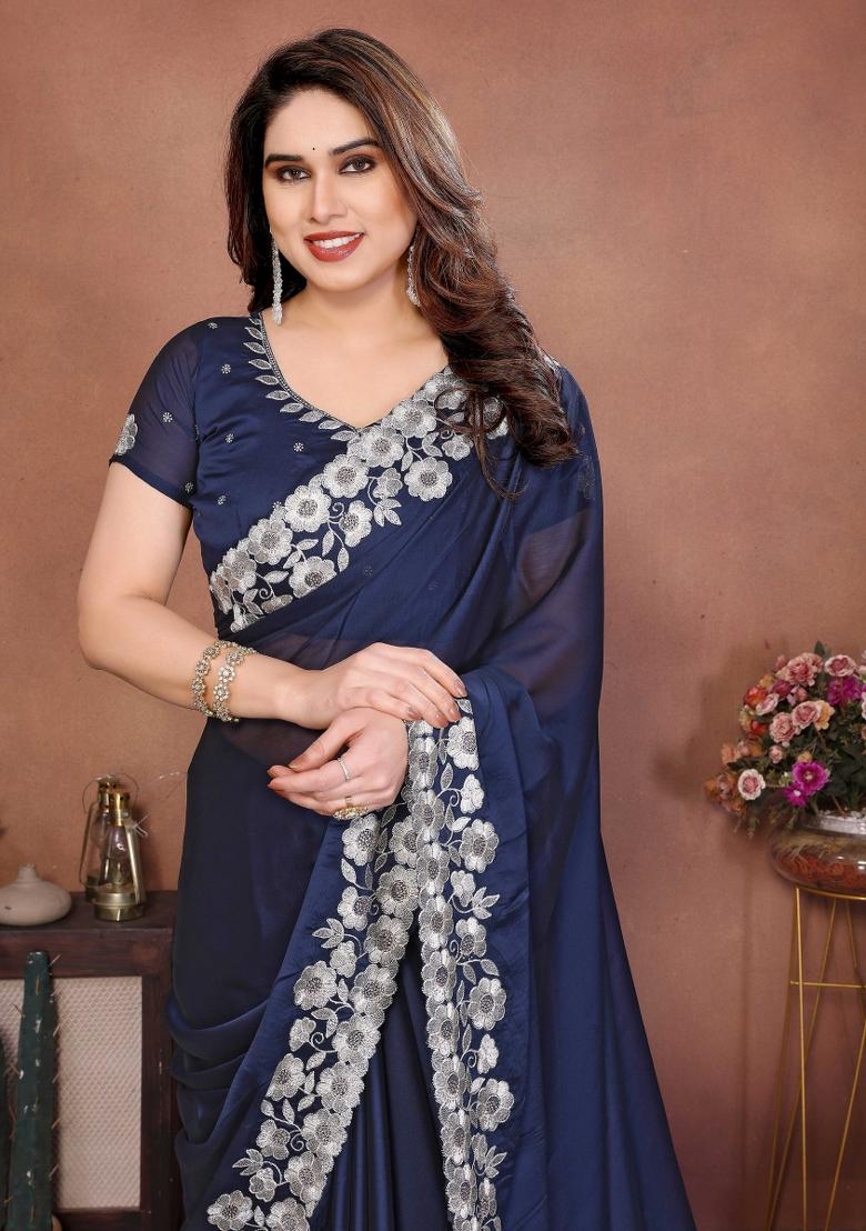 Navy Blue Embroidered Silk Saree Set - Indya