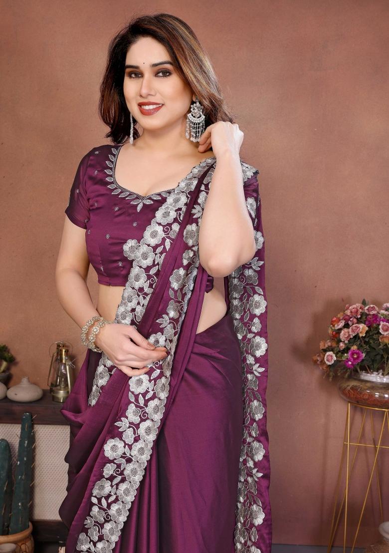 Purple Embroidered Silk Saree Set - Indya