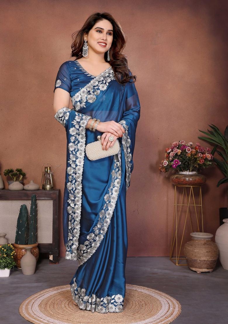 Blue Embroidered Silk Saree Set - Indya