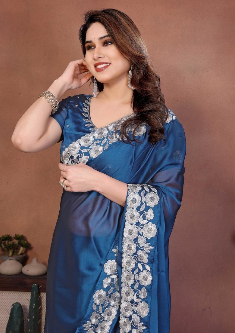 Blue Embroidered Silk Saree Set - Indya