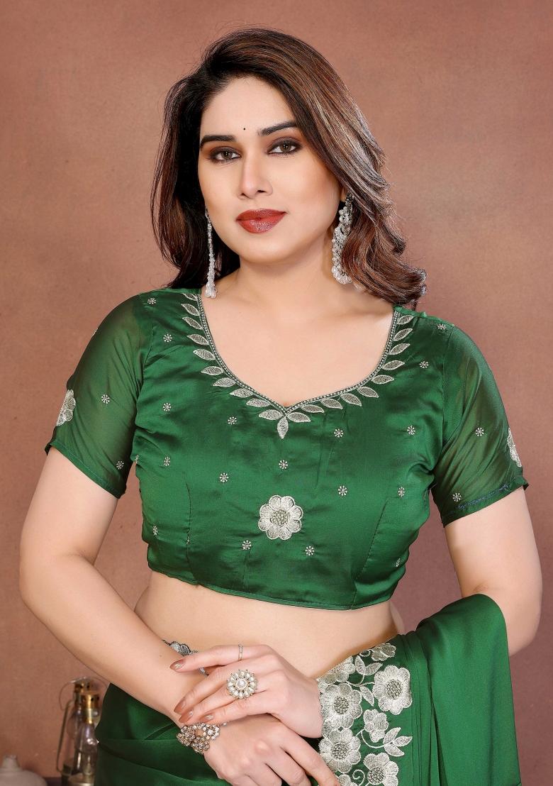 Green Embroidered Silk Saree Set - Indya