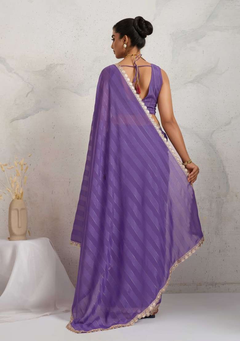 Purple Georgette Saree Set with Embroidered for Diwali | Wedding & Festive Wear - Indya