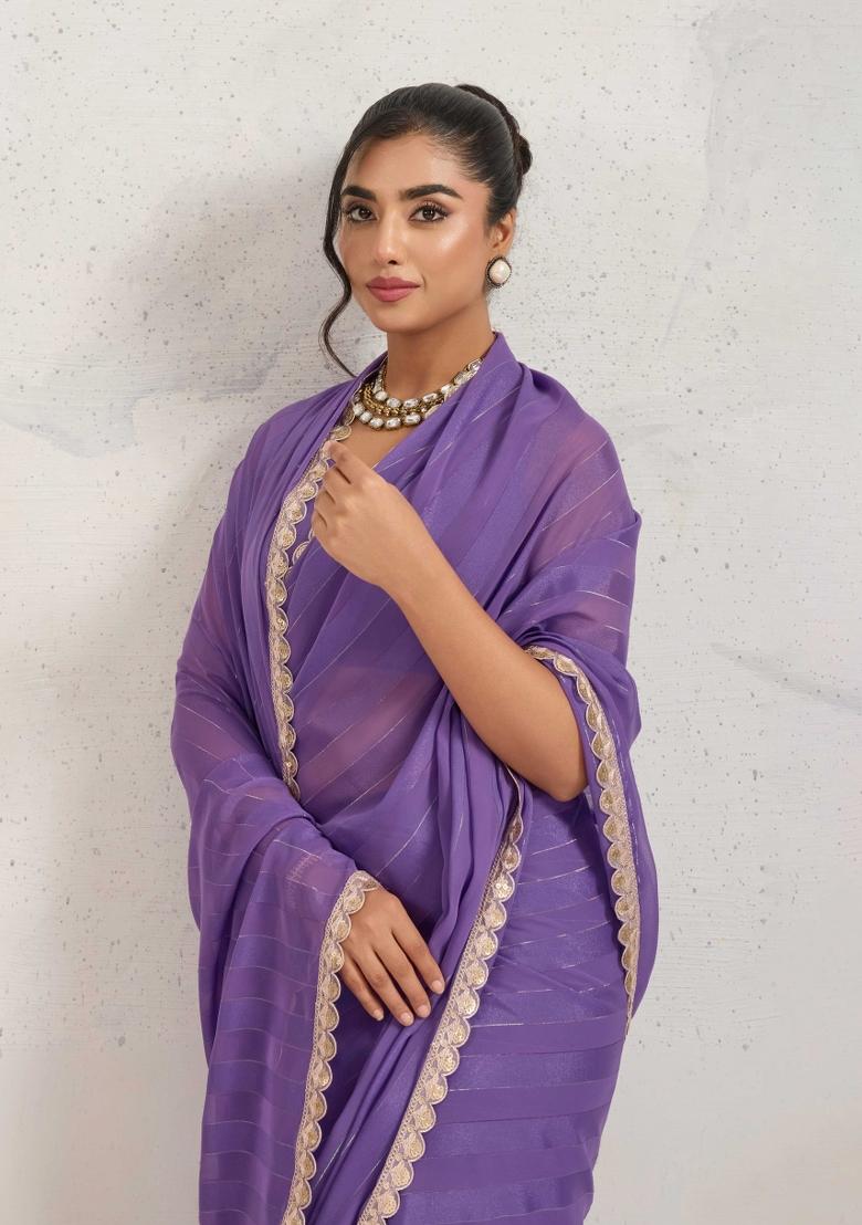 Purple Embroidered Georgette Saree Set - Indya