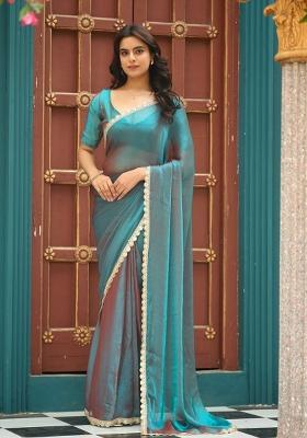 Teal Embroidered Chiffon Saree Set