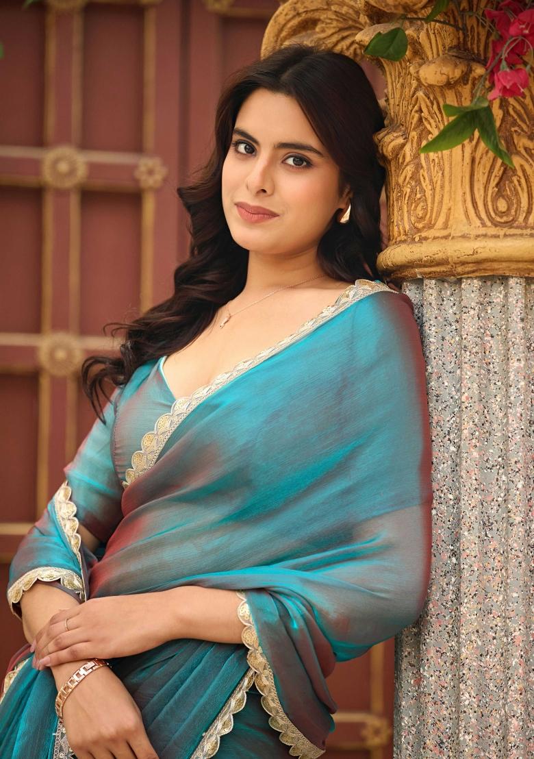 Teal Embroidered Chiffon Saree Set - Indya