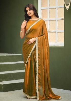 Golden Embroidered Chiffon Saree Set
