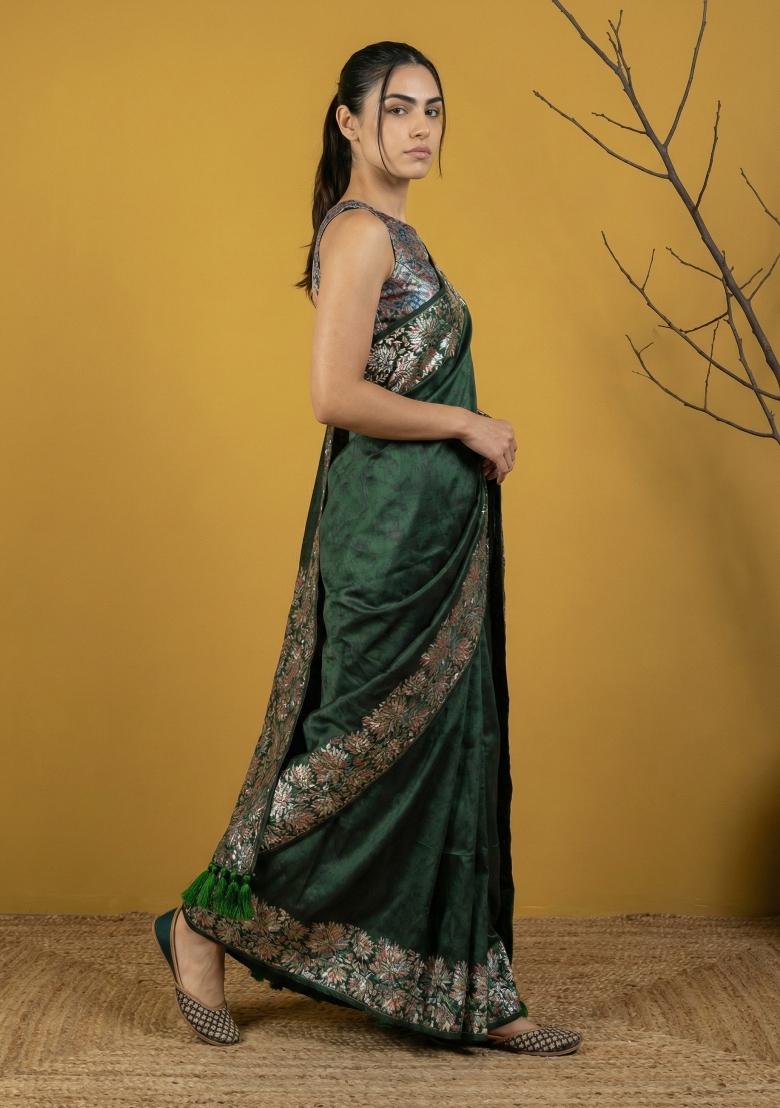 Grey Printed Silk Saree Set - Indya