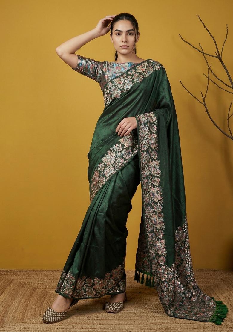 Grey Printed Silk Saree Set - Indya