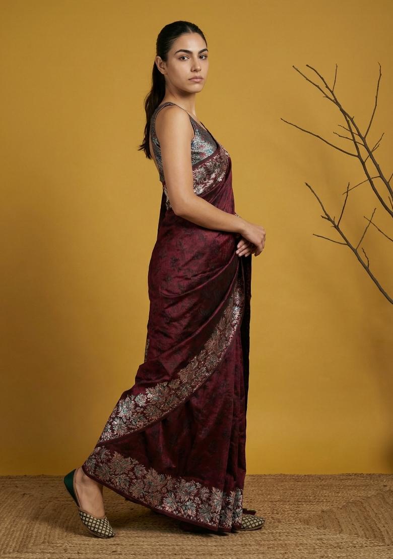Grey Printed Silk Saree Set - Indya