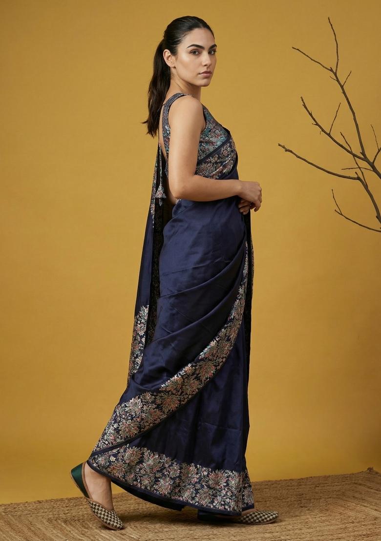 Grey Printed Silk Saree Set - Indya