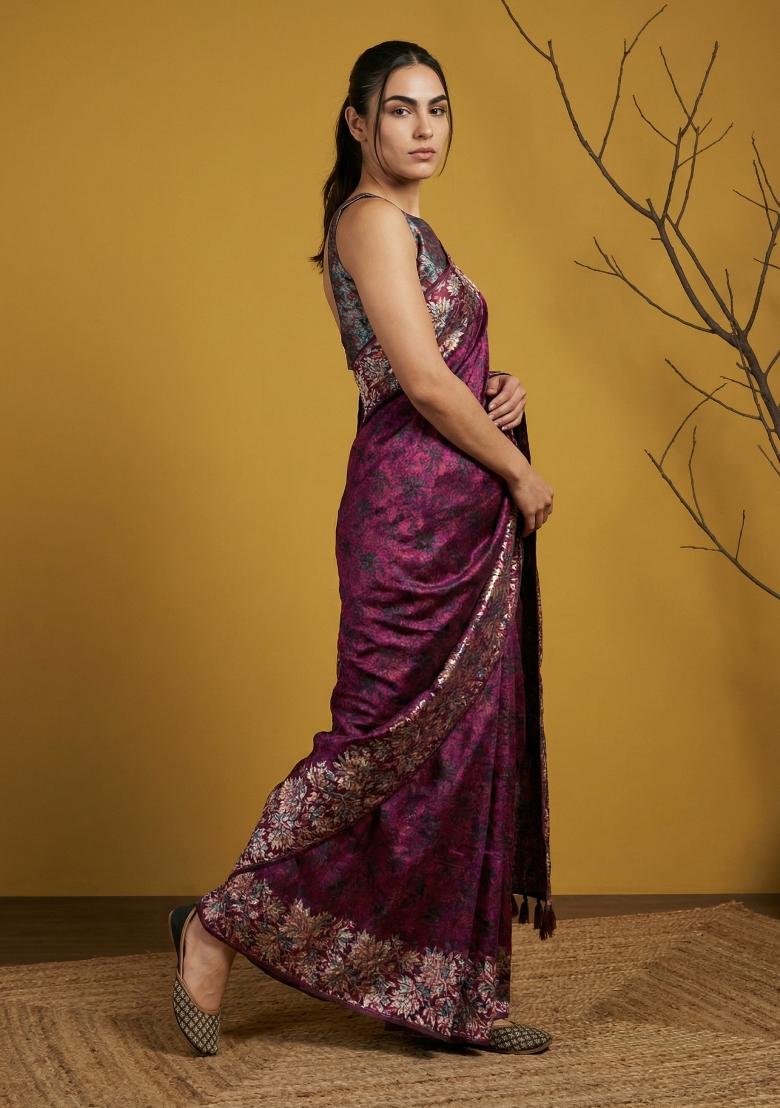 Grey Printed Silk Saree Set - Indya