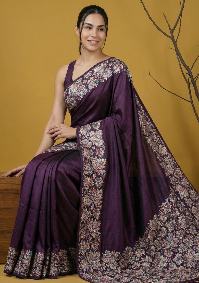 Grey Printed Silk Saree Set - Indya