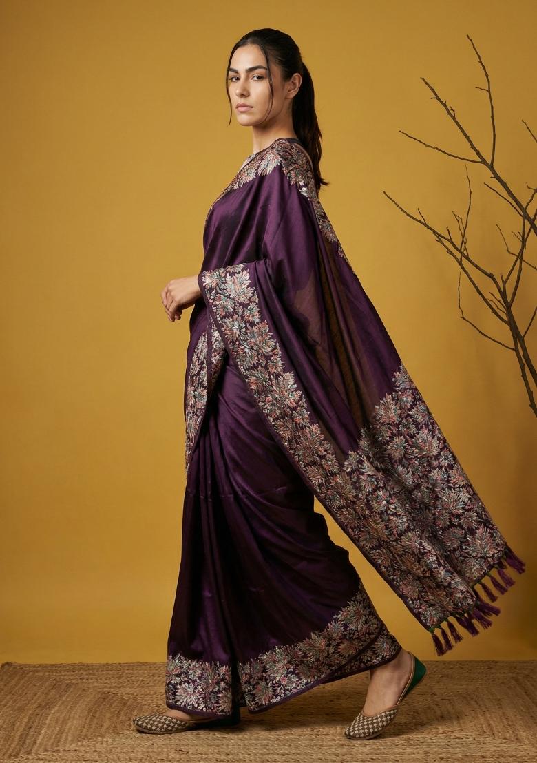 Grey Printed Silk Saree Set - Indya