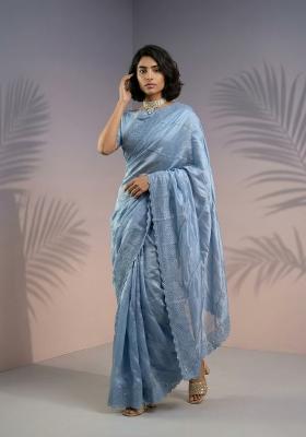 Blue Printed Silk Saree Set