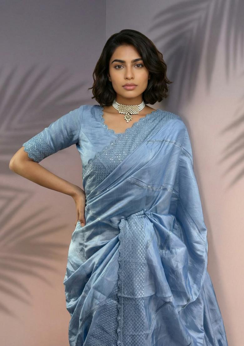 Blue Printed Silk Saree Set - Indya