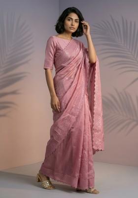 Pink Printed Silk Saree Set