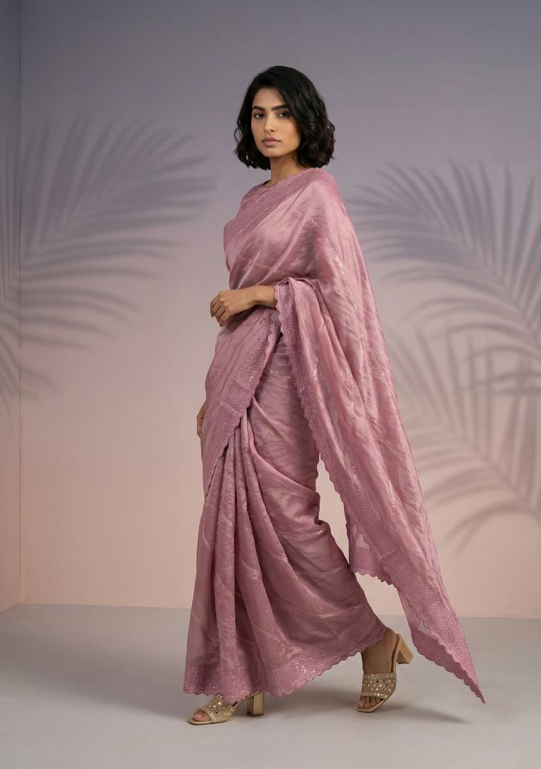 Pink Printed Silk Saree Set - Indya