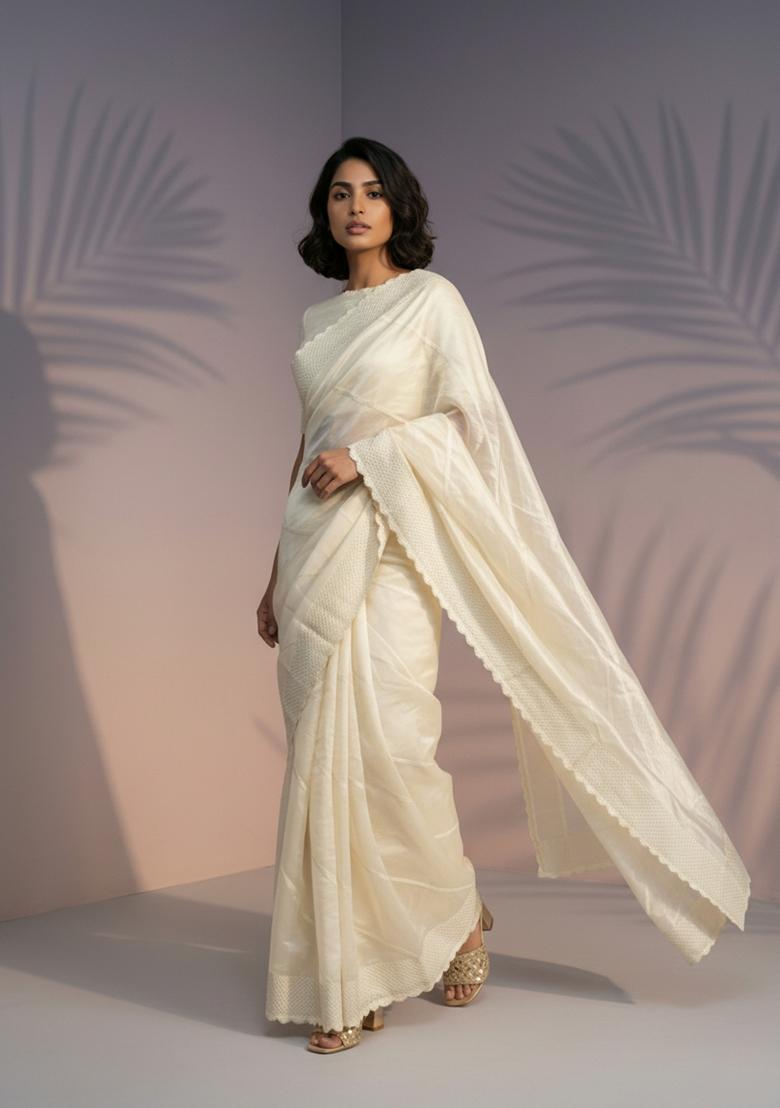 Cream Printed Silk Saree Set - Indya