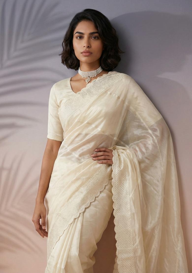 Cream Printed Silk Saree Set - Indya