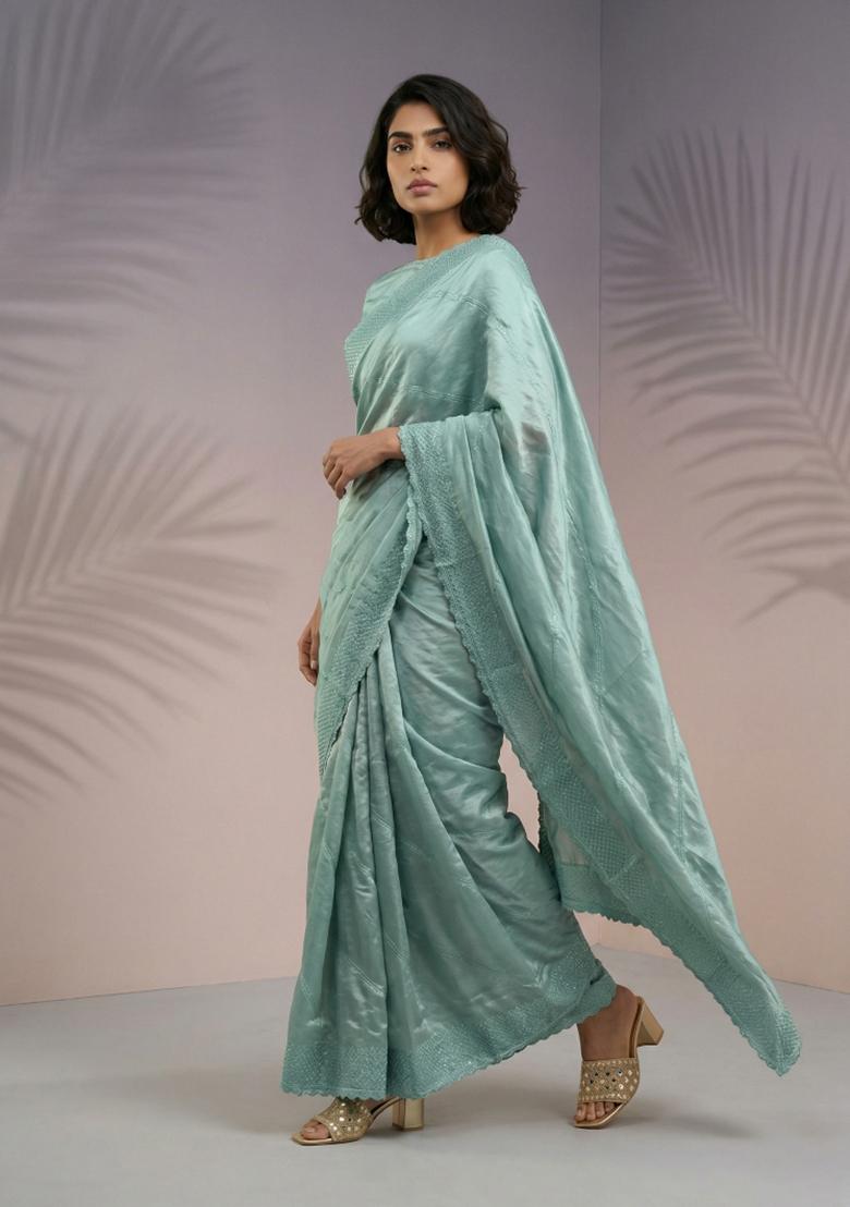 Light Green Printed Silk Saree Set - Indya