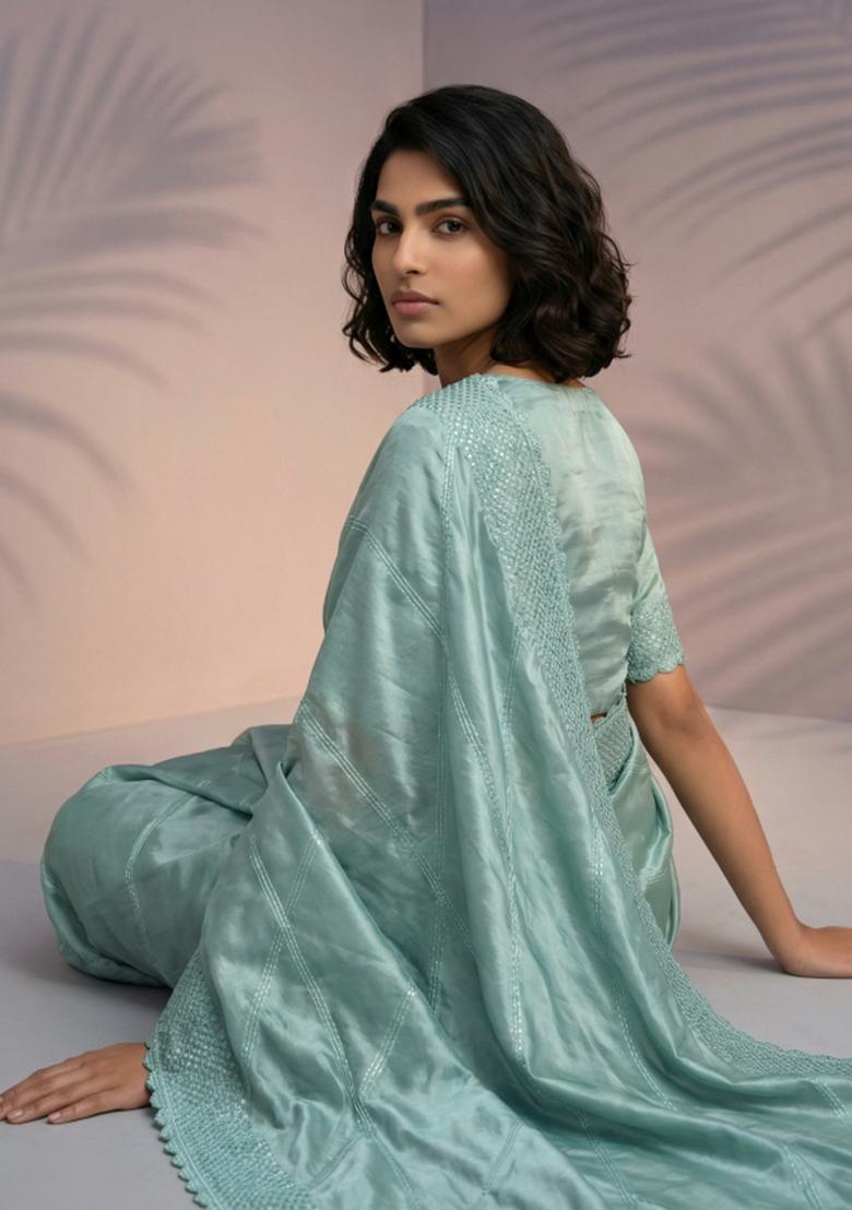 Light Green Printed Silk Saree Set - Indya