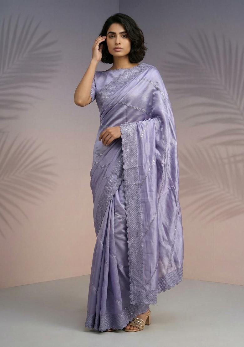 Lavender Printed Silk Saree Set - Indya