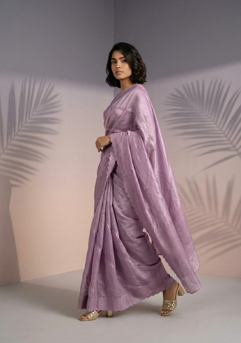 Lilac Printed Silk Saree Set - Indya